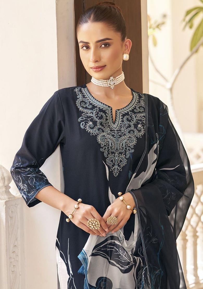 Navy Blue Embroidered Cotton Kurta Set - Indya