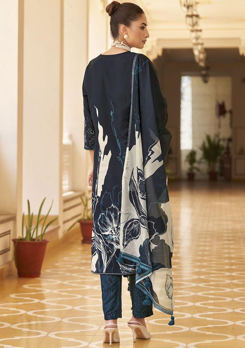 Navy Blue Embroidered Cotton Kurta Set - Indya