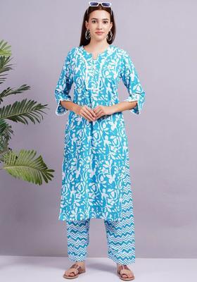 Blue Printed Cotton Kurta Set