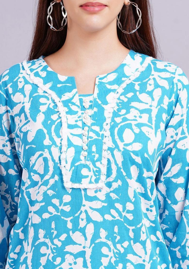Blue Printed Cotton Kurta Set - Indya