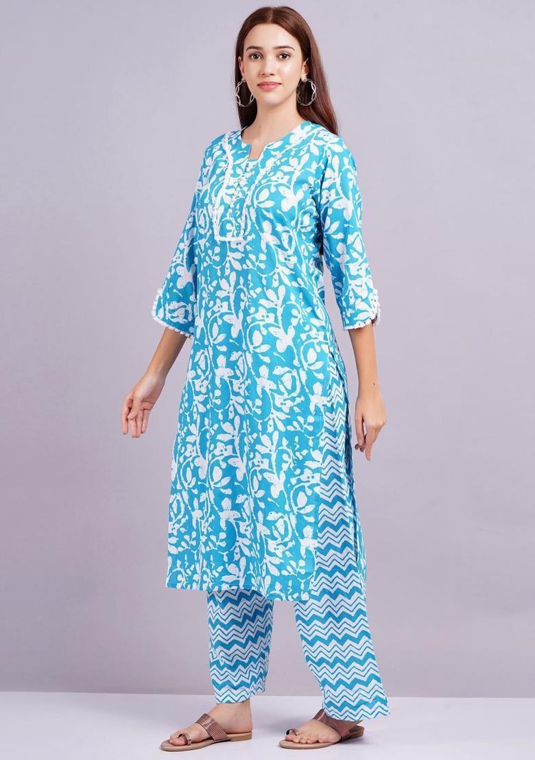 Blue Printed Cotton Kurta Set - Indya