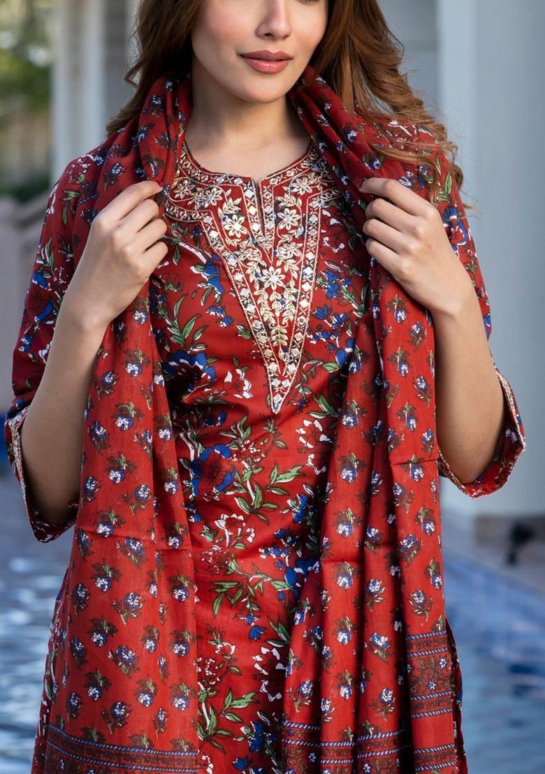 Maroon Printed Cotton Kurta Set - Indya