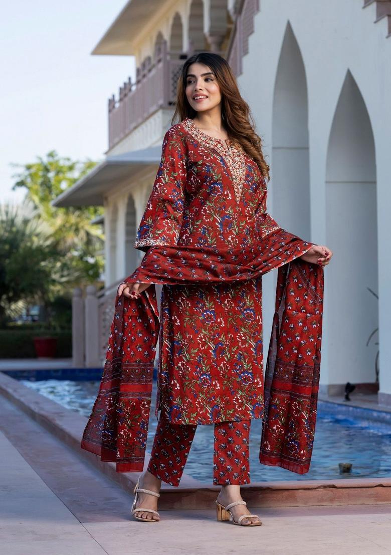 Maroon Printed Cotton Kurta Set - Indya