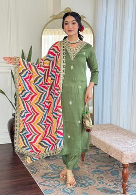 Olive Embroidered Viscose Kurta Set