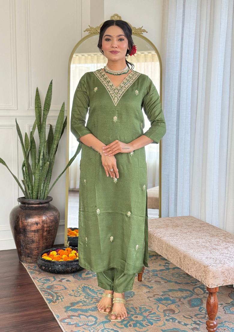 Olive Embroidered Viscose Kurta Set - Indya