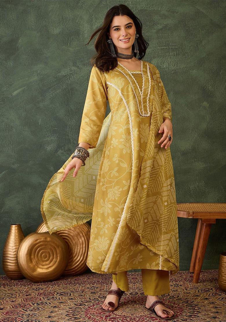 Yellow Printed Viscose Kurta Set - Indya