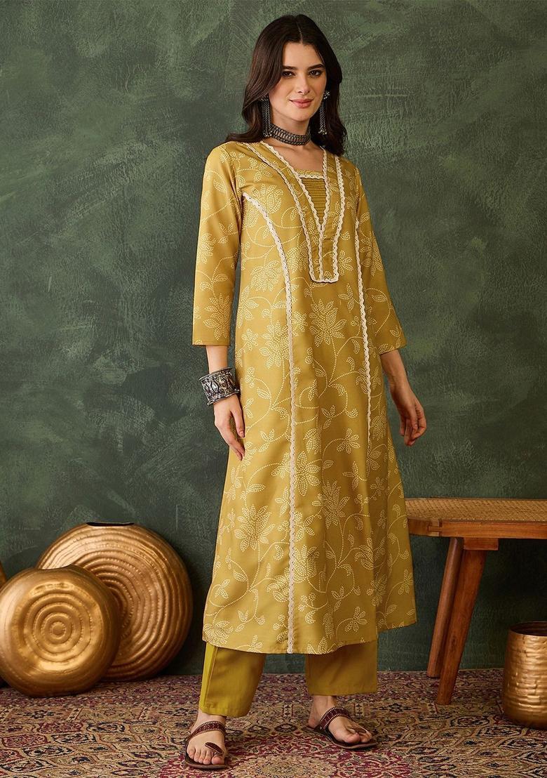 Yellow Printed Viscose Kurta Set - Indya