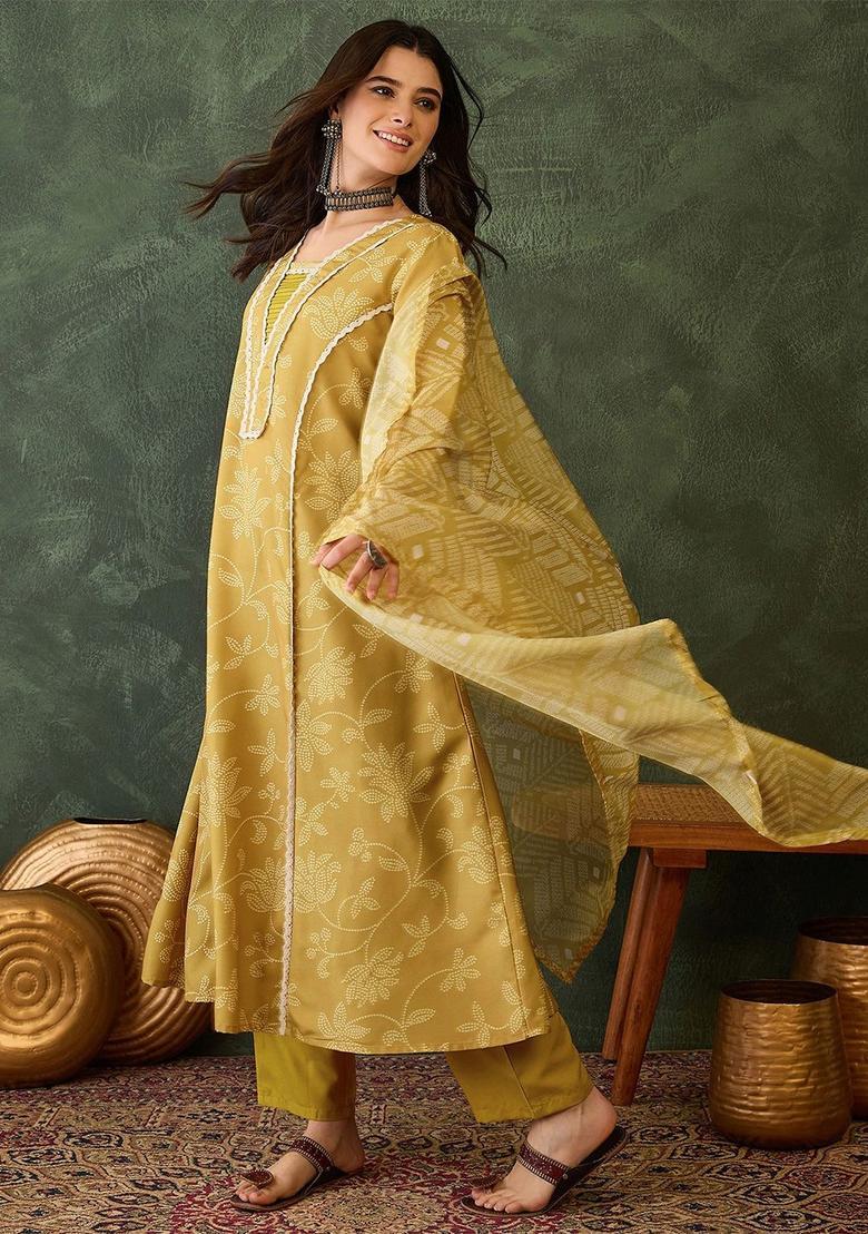 Yellow Printed Viscose Kurta Set - Indya