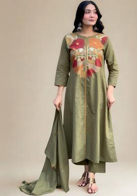 Olive Embroidered Cotton Kurta Set