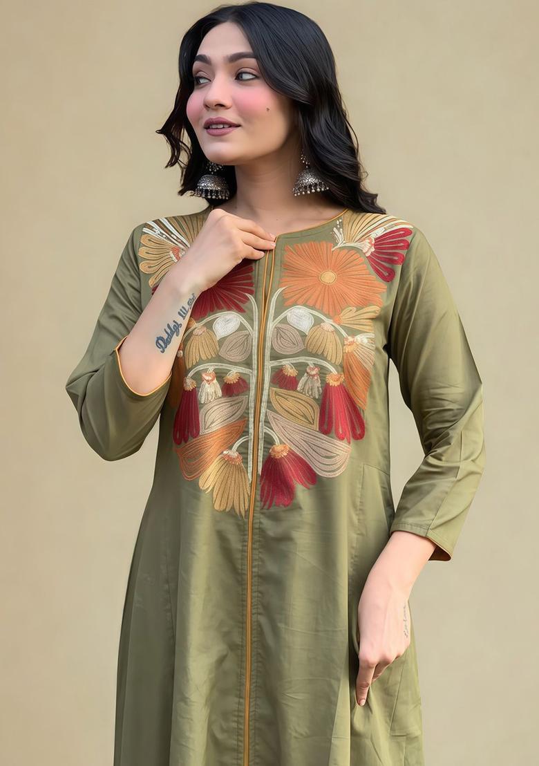 Olive Embroidered Cotton Kurta Set - Indya