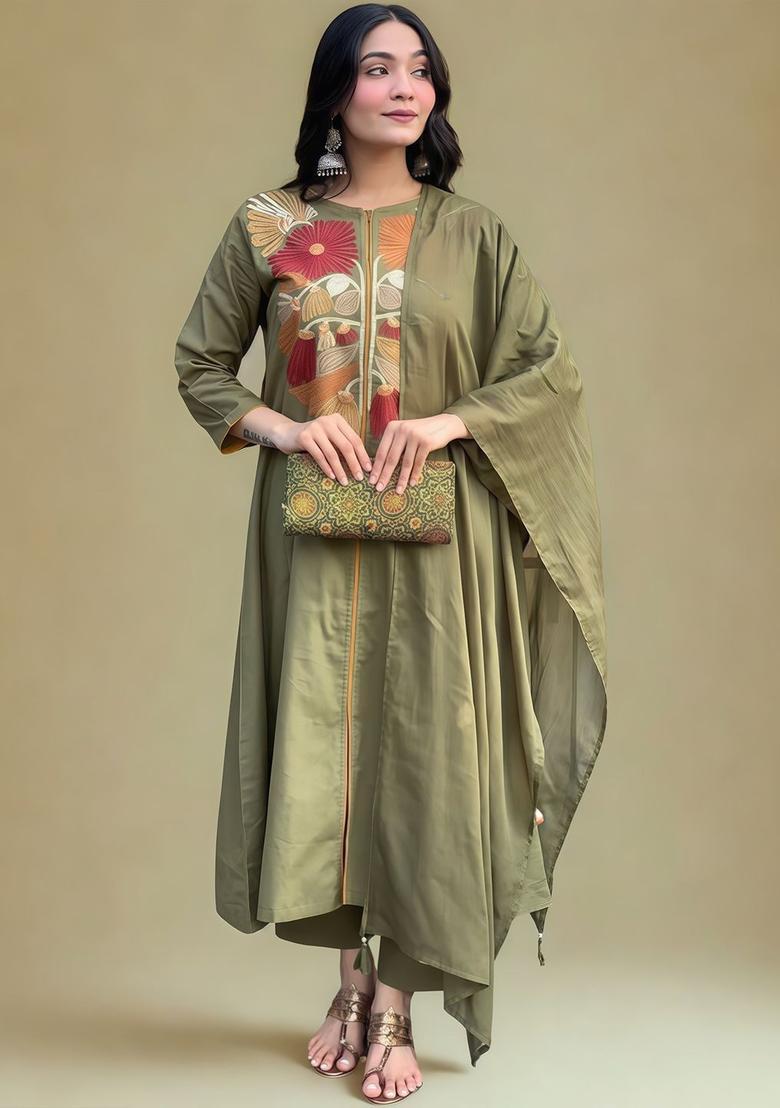 Olive Embroidered Cotton Kurta Set - Indya