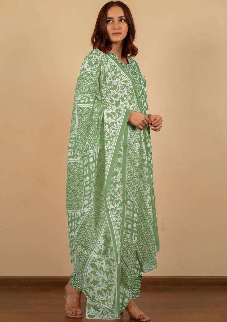 Green Printed Cotton Kurta Set - Indya