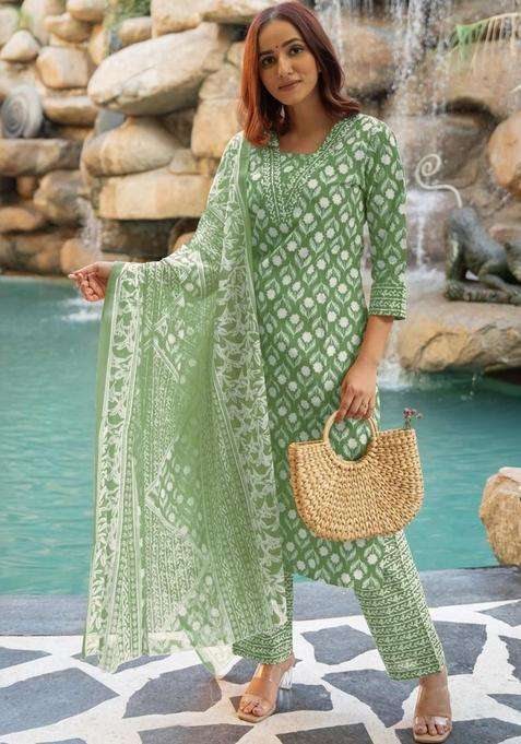 Green Printed Cotton Kurta Set