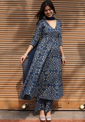 Navy Blue Printed Viscose Kurta Set