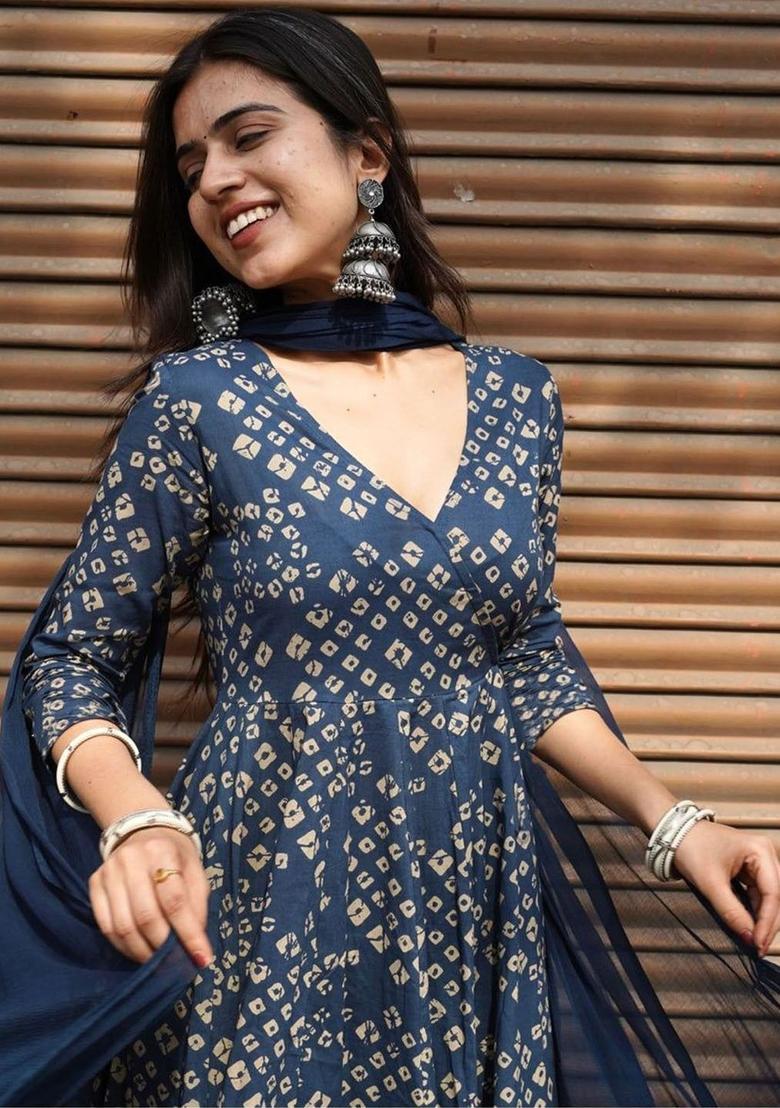 Navy Blue Printed Viscose Kurta Set - Indya