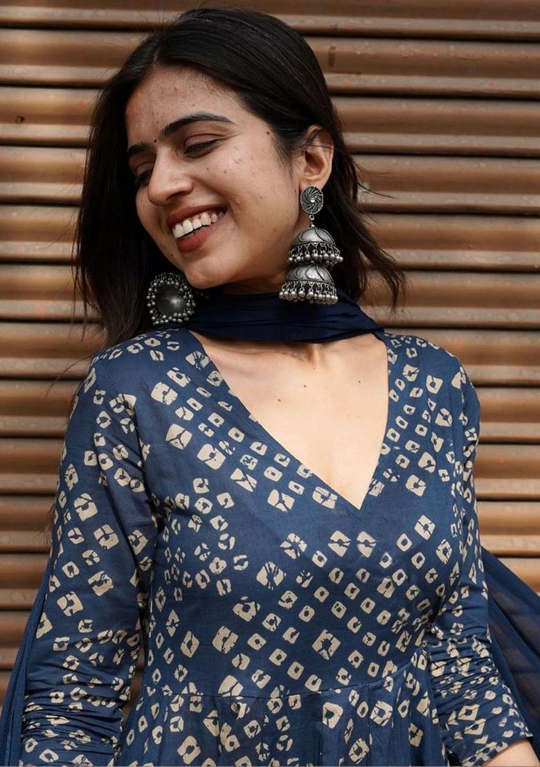 Navy Blue Printed Viscose Kurta Set - Indya