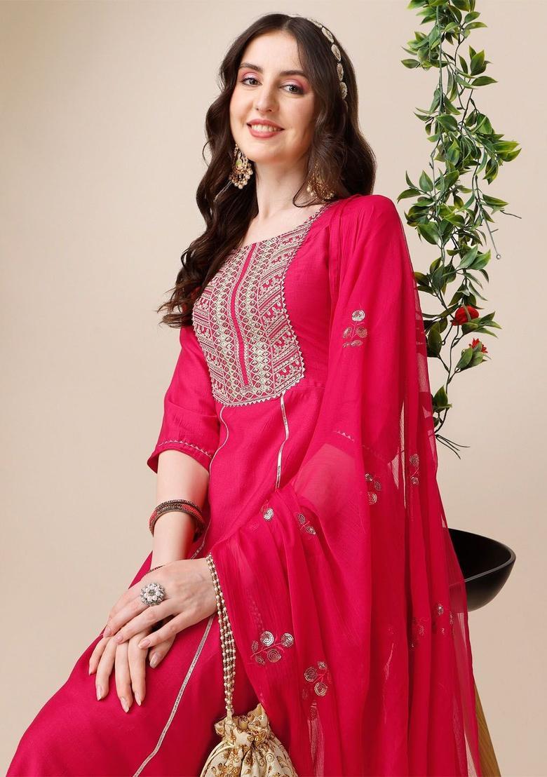 Pink Yoke Design Silk Kurta Set - Indya