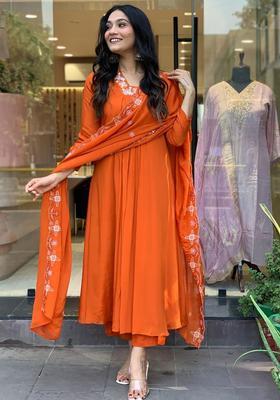 Orange Embroidered Viscose Anarkali Set