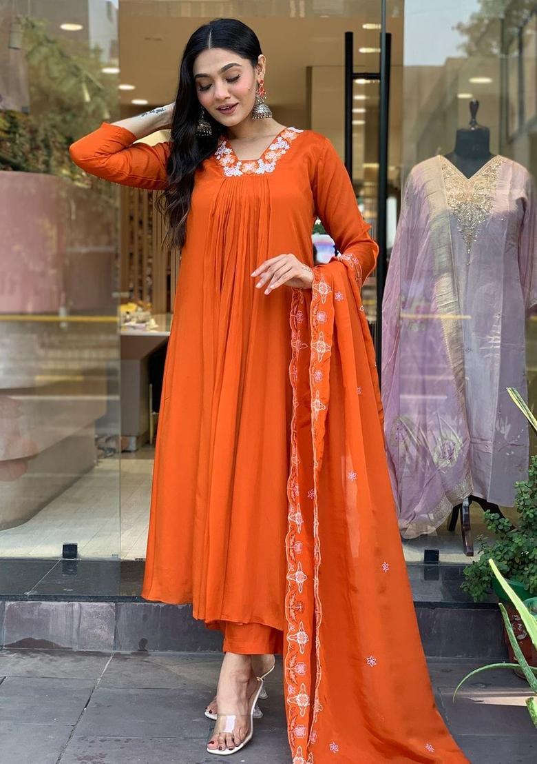 Orange Embroidered Viscose Anarkali Set - Indya
