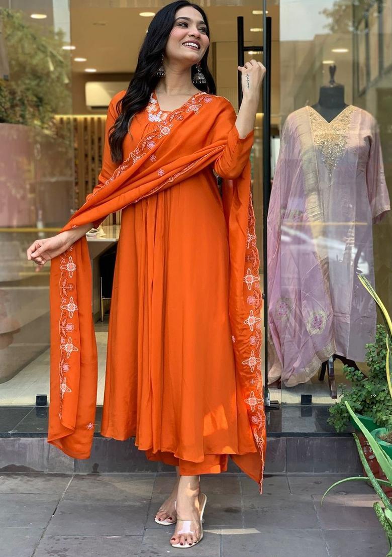 Orange Embroidered Viscose Anarkali Set - Indya