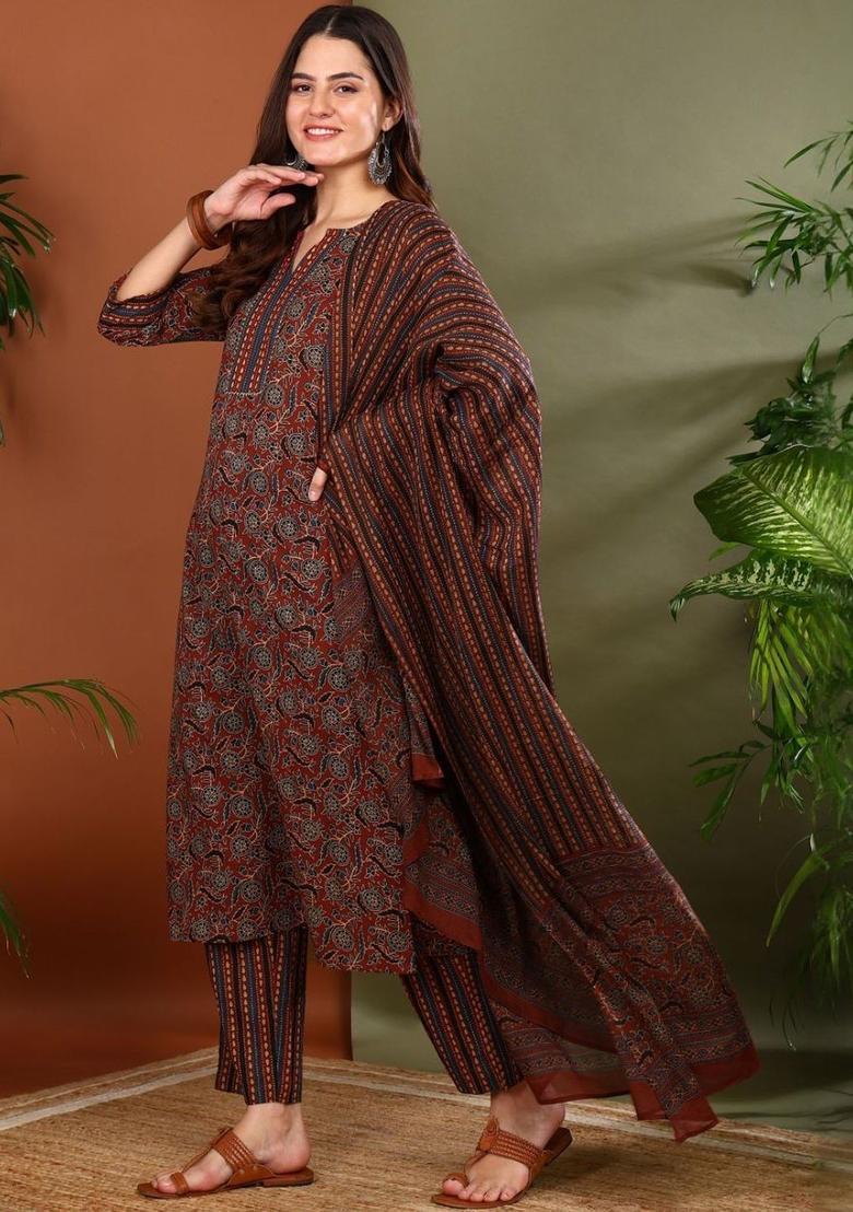 Red Printed Cotton Kurta Set - Indya
