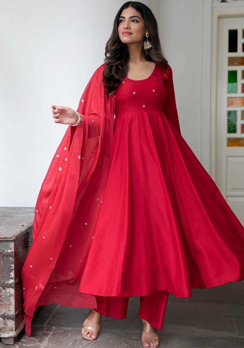 Red Solid Viscose Kurta Set - Indya