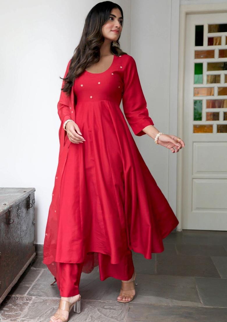 Red Solid Viscose Kurta Set - Indya