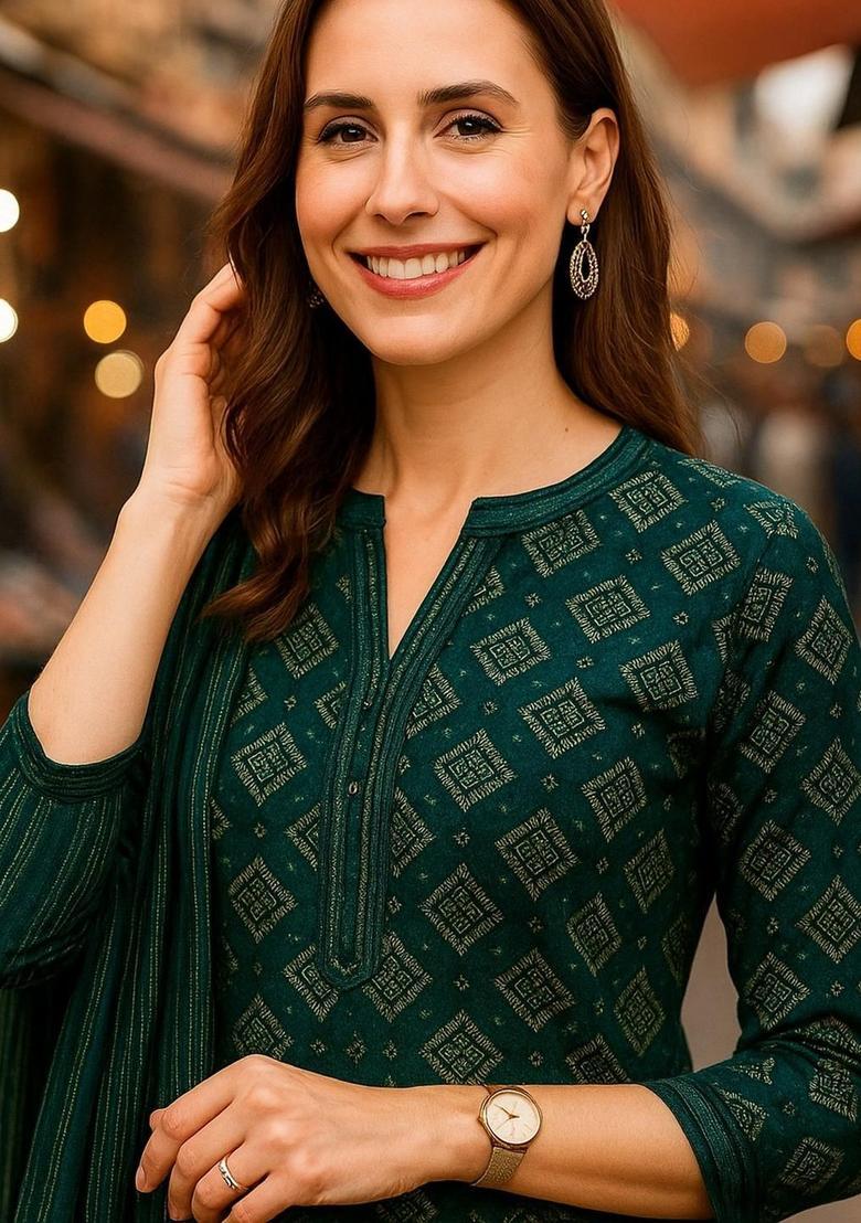 Green Printed Cotton Kurta Set - Indya
