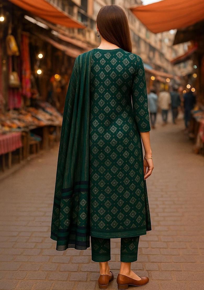 Green Printed Cotton Kurta Set - Indya