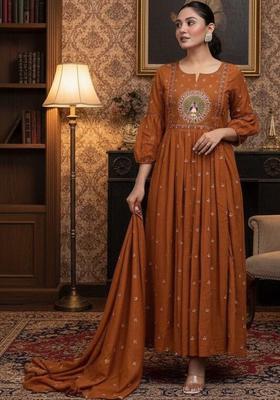 Rust Embroidered Viscose Kurta Set