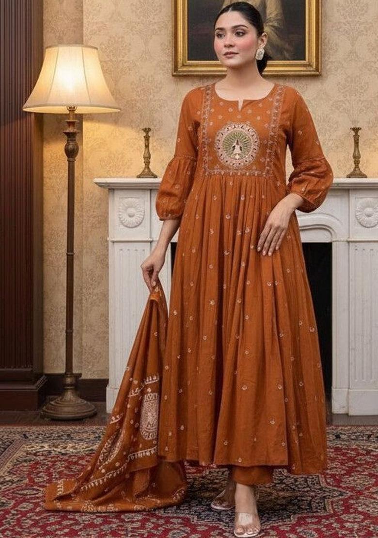 Rust Embroidered Viscose Kurta Set - Indya