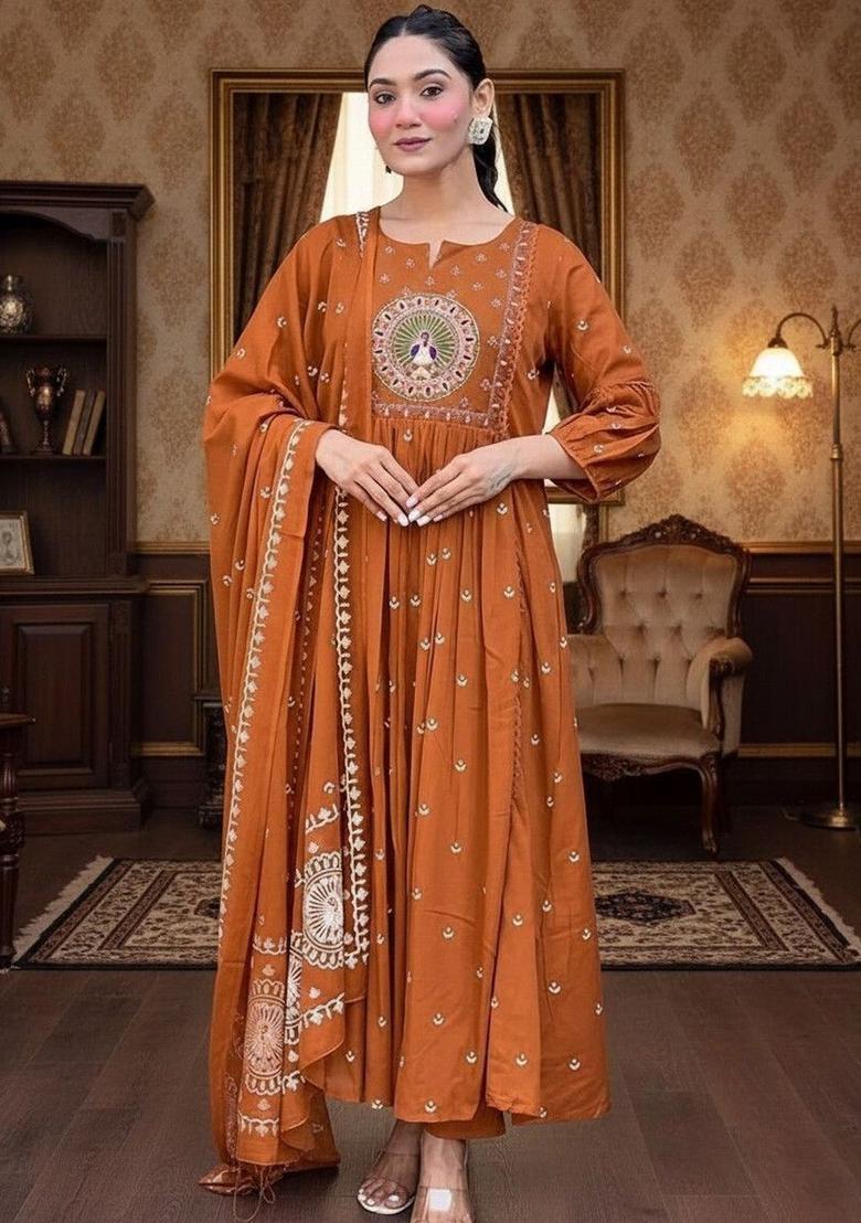 Rust Embroidered Viscose Kurta Set - Indya