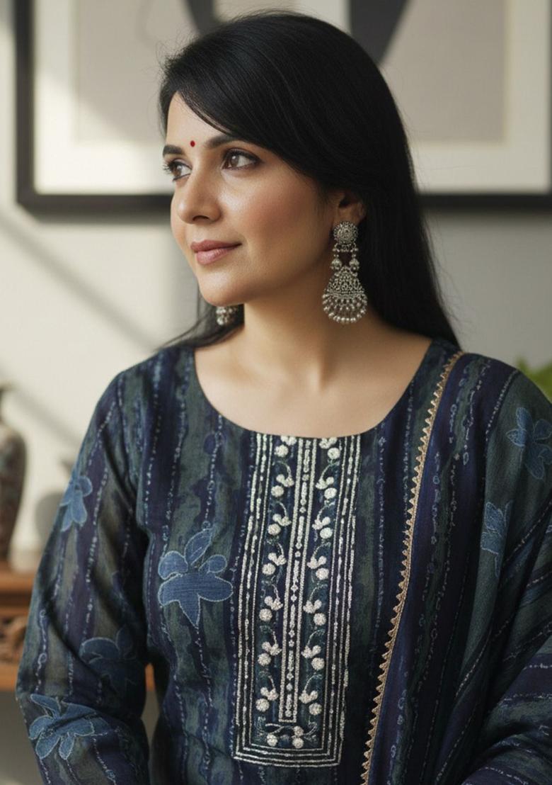 Navy Blue Printed Viscose Kurta Set - Indya