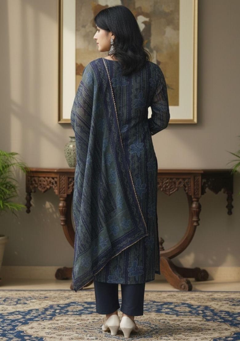 Navy Blue Printed Viscose Kurta Set - Indya
