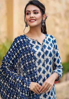 Off White Printed Cotton Kurta Set