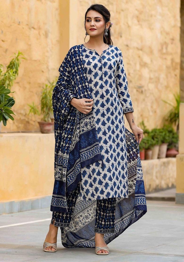 Off White Printed Cotton Kurta Set - Indya