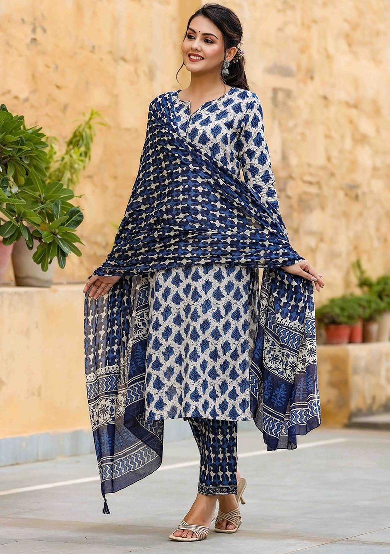 Off White Printed Cotton Kurta Set - Indya