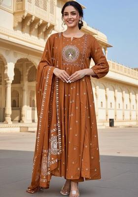 Rust Embroidered Viscose Kurta Set