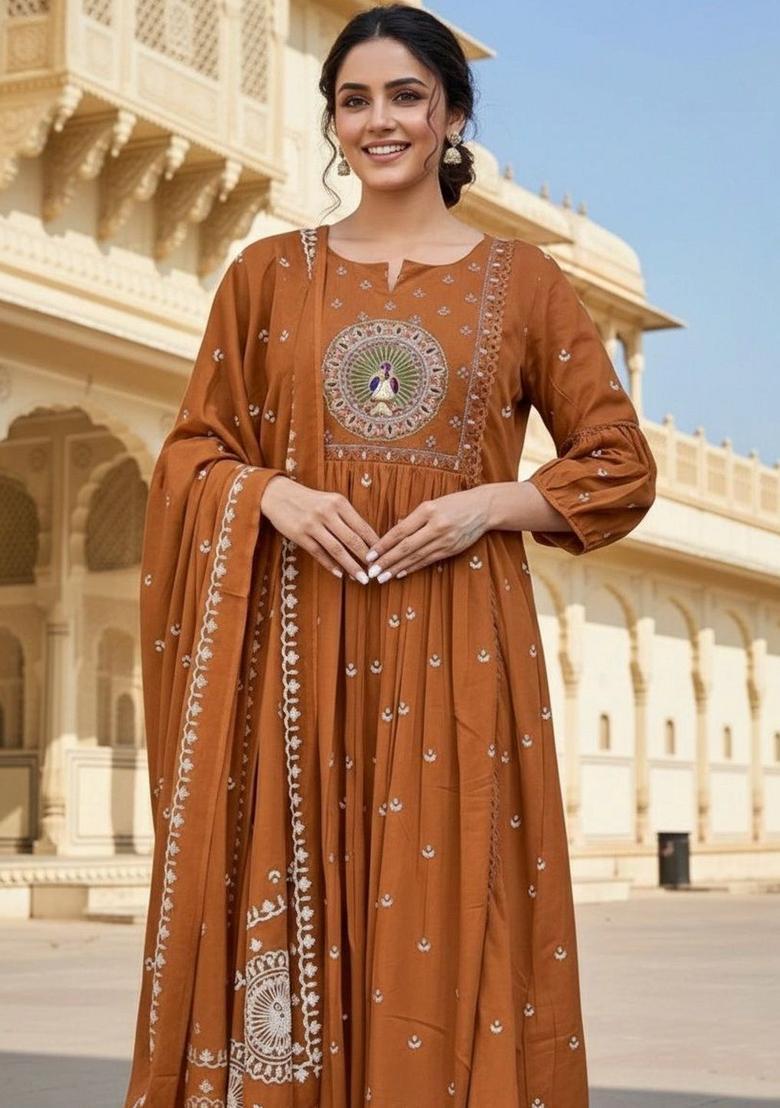 Rust Embroidered Viscose Kurta Set - Indya