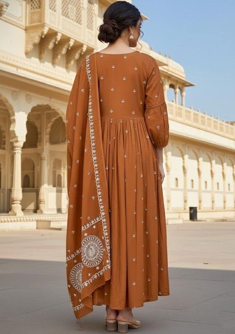 Rust Embroidered Viscose Kurta Set - Indya