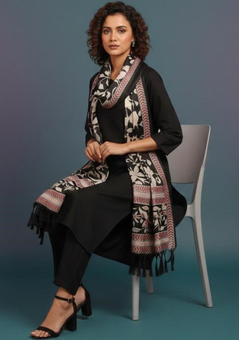 Black Solid Cotton Kurta Set - Indya