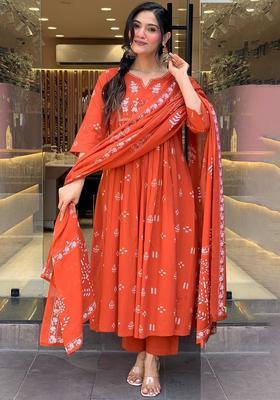 Orange Printed Viscose Anarkali Set