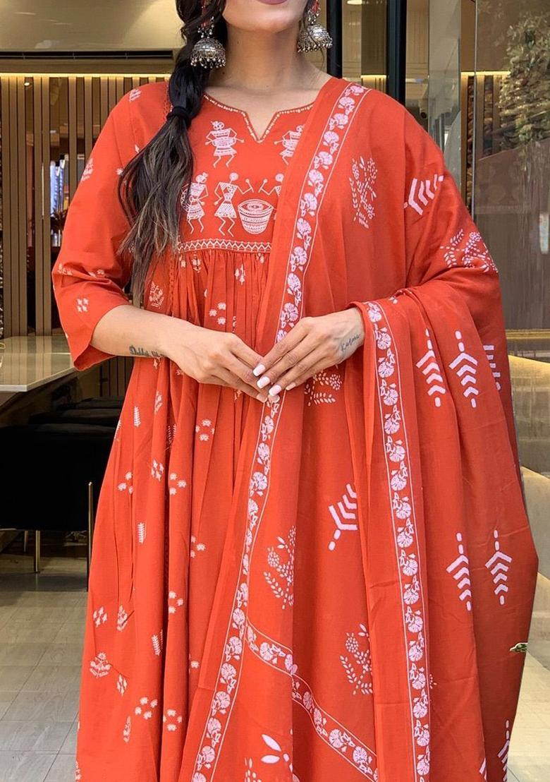 Orange Printed Viscose Anarkali Set - Indya