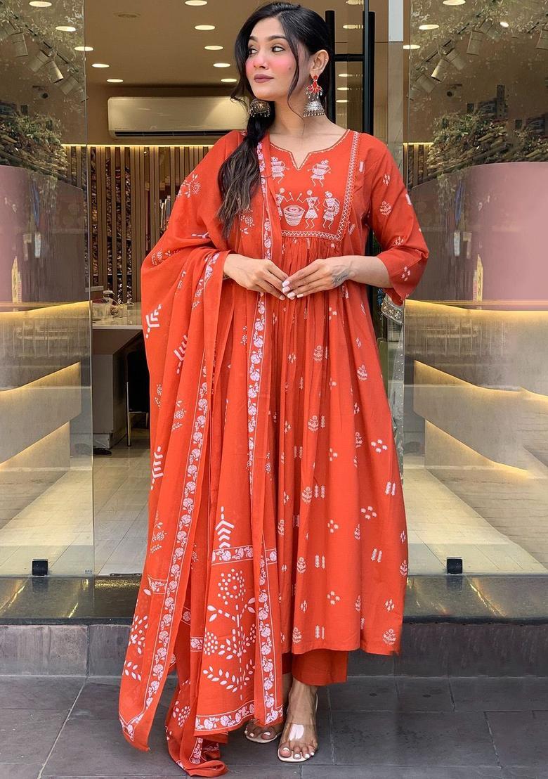 Orange Printed Viscose Anarkali Set - Indya