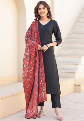 Black Solid Silk Blend Kurta Set