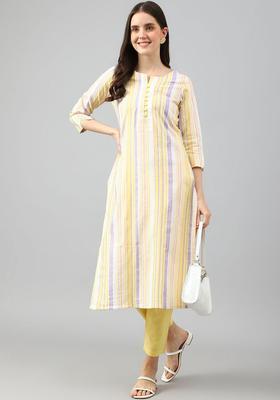 Yellow Striped Cotton Kurta Set