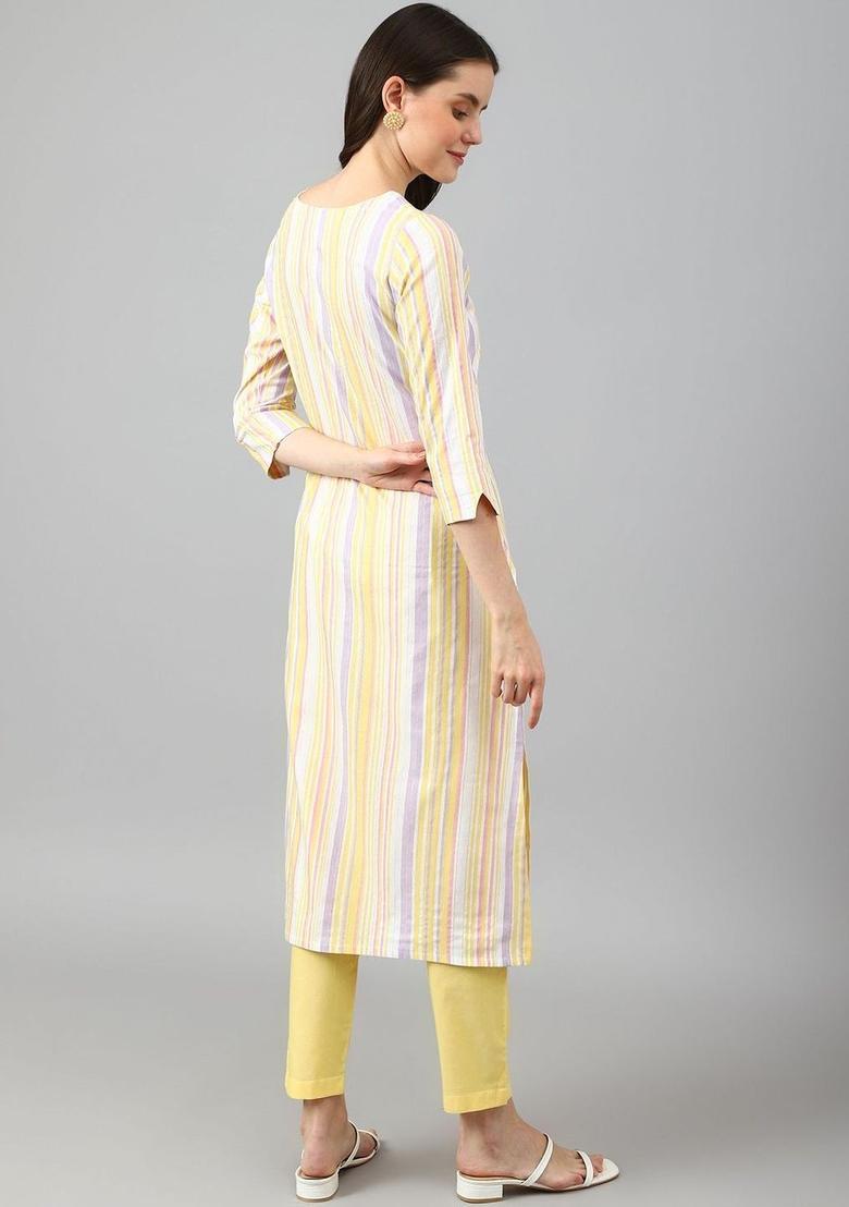 Yellow Striped Cotton Kurta Set - Indya