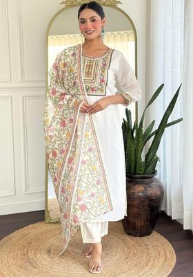 Cream Embroidered Viscose Kurta Set