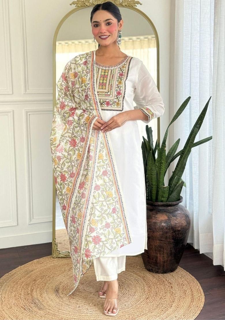 Cream Embroidered Viscose Kurta Set - Indya