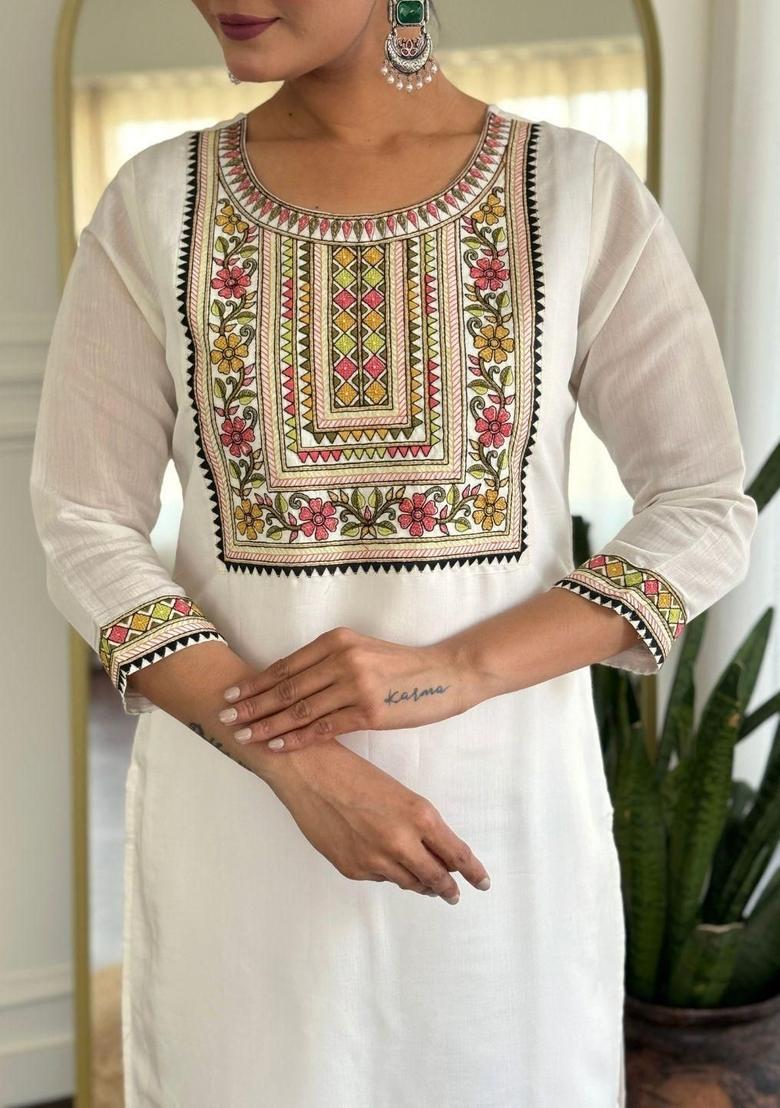 Cream Embroidered Viscose Kurta Set - Indya